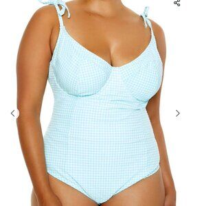 Forever21 Plus Size 3X One Piece Swimsuit Light Aqua White Gingham